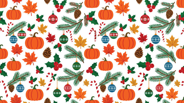 Festive thanksgiving pattern with pumpkins and autumn leaves colorful vector illustration for seasonal designs