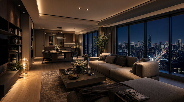 タイトル（日本語＋英語）
夜景を望む高層マンションモデルルームの洗練されたモダンリビング
Modern luxury living room in a high-rise apartment model room with a panoramic night view