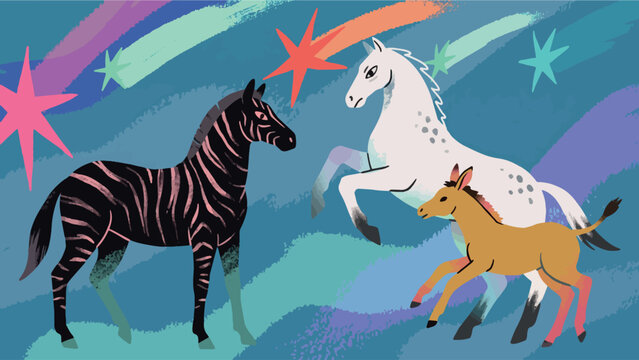 Whimsical equine illustration with zebra horse and foal in colorful abstract background with stars