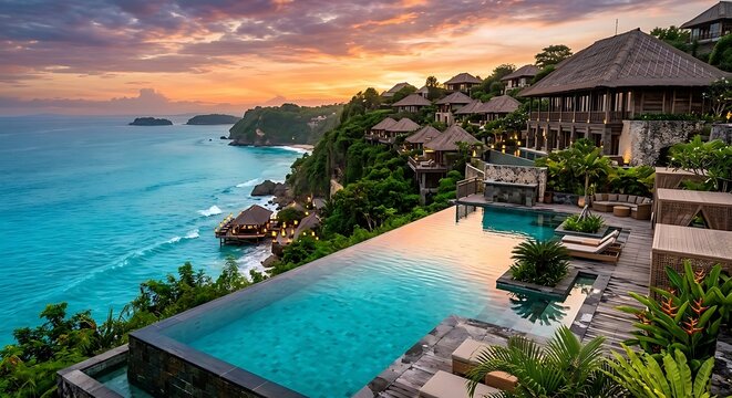 Luxury cliffside resort with infinity swimming pool overlooking the ocean during a vibrant sunset