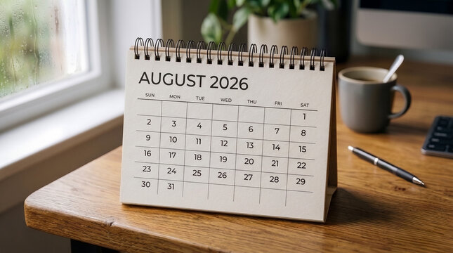 Standing spiral desk calendar showing August 2026 sits on a wooden table near a window, with a coffee mug, pen, and computer nearby.