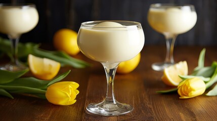 Fototapeta premium Elegant lemon panna cotta with lemon accents, tulips and refined restaurant styling