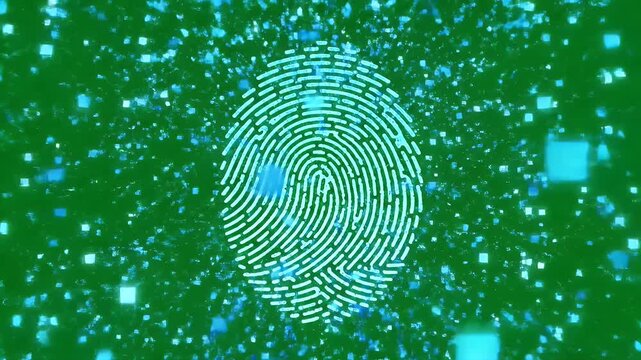 Digital Fingerprint Dissolving into Pixels - A glowing blue digital fingerprint disintegrates into small, illuminated squares against a vibrant green background.
