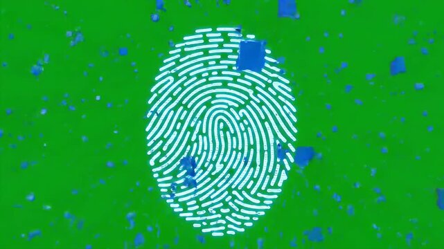Digital Fingerprint Dissolving into Pixels - A glowing blue digital fingerprint motif is depicted against a vibrant green background with scattered blue pixelated fragments.
