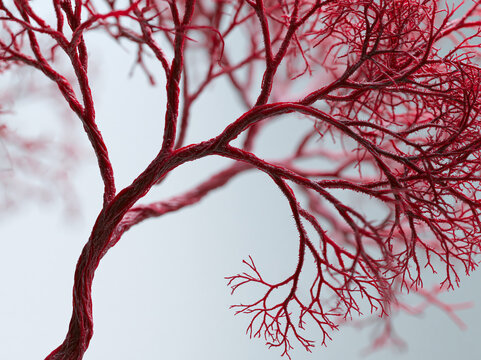 Closeup of a vibrant red corallike structure with intricate branching patterns against a soft, lightcolored background