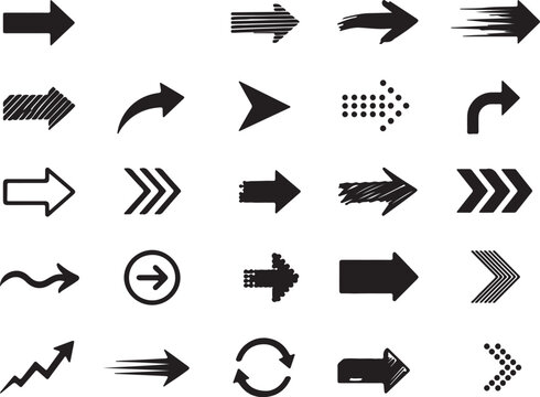 Collection of various black arrow icons isolated on white background