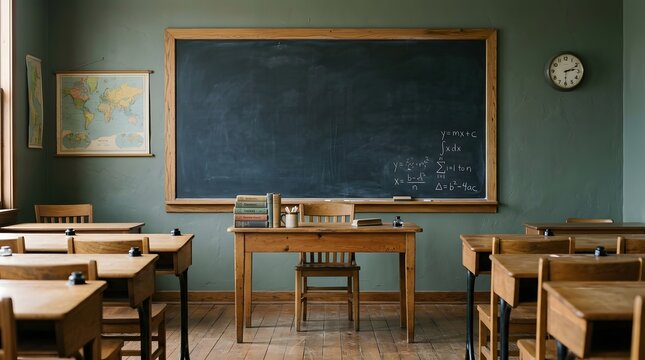 Empty vintage classroom with wooden desks and chalkboard
