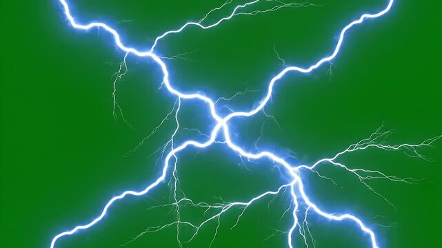 Electric Arc on Green Screen - A digital lightning arc with intricate branching patterns jumps between points against a vibrant green screen background.
