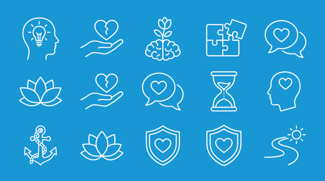 Mental health and psychology line art icon set featuring brain growth heart broken hand lotus hourglass anchor and shield symbols for therapy wellness counseling designs