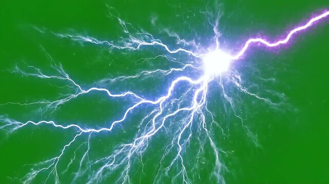 Electric Arc on Green Screen Background - A brilliant white lightning arc flashes across a vibrant green screen background, with smaller tendrils branching out.