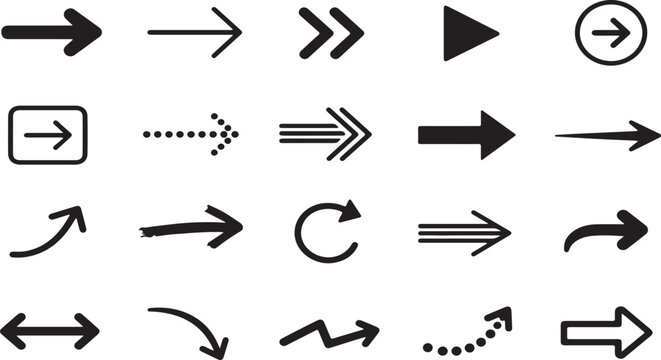 Set of various black hand drawn arrow icons on white background