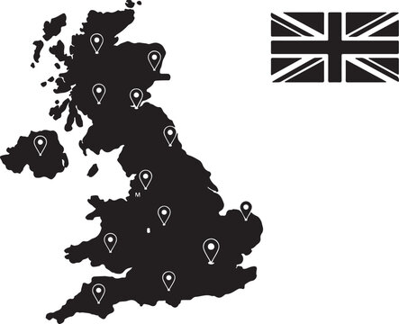 Black United Kingdom map silhouette with location pins and British flag