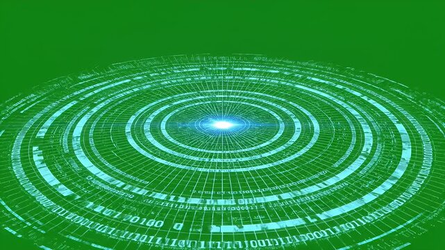 Digital Ripple Effect with Binary Code on Green Background - A digital ripple effect emanates from a bright light source, displaying concentric circles of binary code.