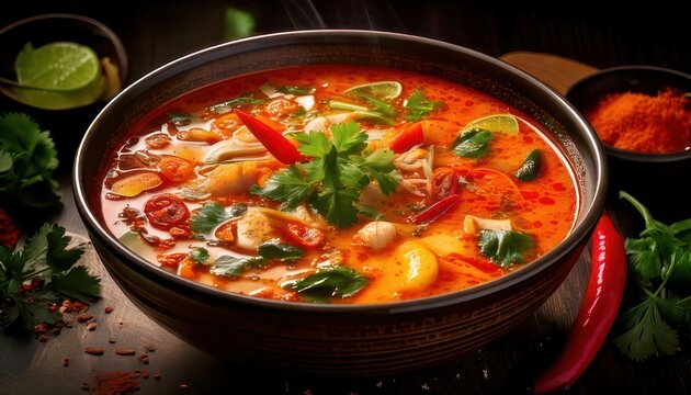 Spicy Tom Yum Soup with Shrimp and Herbs.