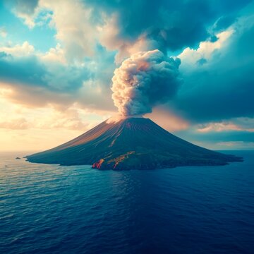 Volcano erupts, spewing smoke into a vibrant sky