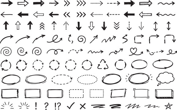 Set of hand drawn arrows and doodle shapes on white background