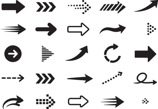 Set of various black arrow icons isolated on a white background