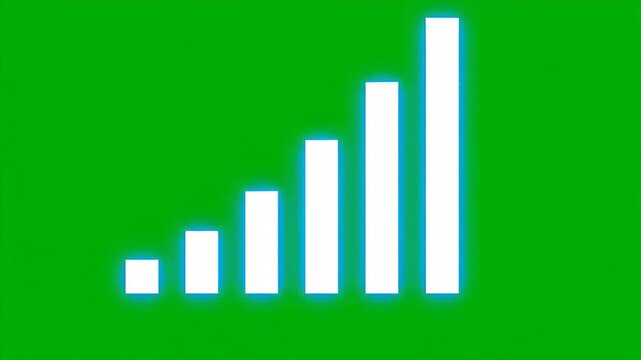 White Signal Bars Animation on Green Screen - A series of white bars, representing a digital signal strength, are shown increasing dynamically on a green screen background.