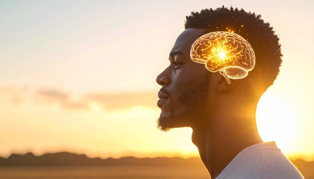 Man with  illuminated, translucent human brain with firing golden neurons is visible within his head  against a golden sunset sky. Brain Nervous System concept. thinking processes and psychology