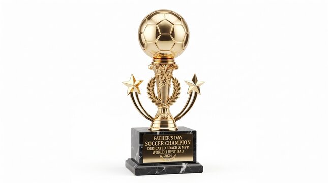 Gold Father's Day Soccer Champion Trophy with Stars and Laurel Wreath on Black Marble Base Isolated on White Background