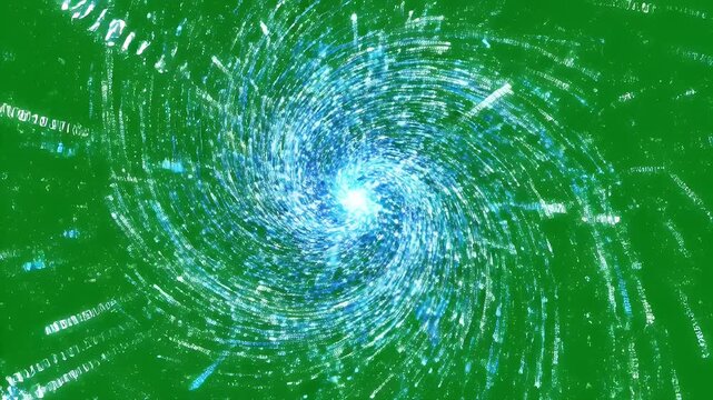 Digital Data Swirl on Green Screen - A vibrant blue and white digital particle swirl is captured against a solid green background.