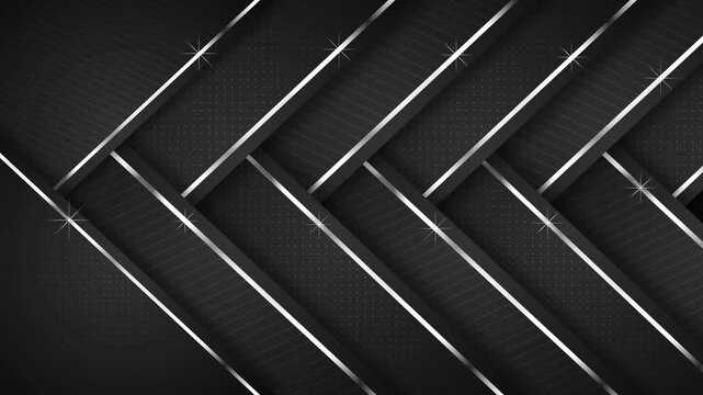 Black metallic diagonal ribbon background animation, Abstract black geometric background with overlapping diagonal ribbons and metallic silver edges