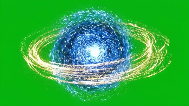 Blue Digital Swirl Energy Vortex on Green Screen - A dynamic digital vortex of blue data particles spins inwards towards a bright center, surrounded by swirling golden energy trails.