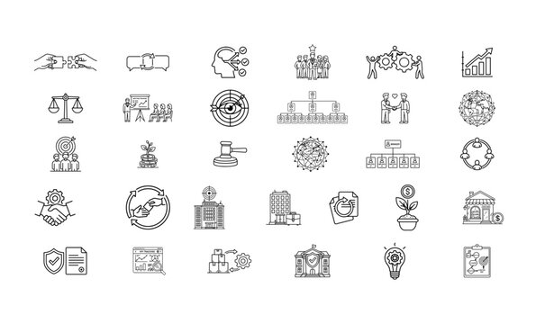 Business Management Flat Line Art Icon Set on Transparent Background, business icons, management, business, corporate, company, office, enterprise, teamwork, allegiance, partnership, handshake, 