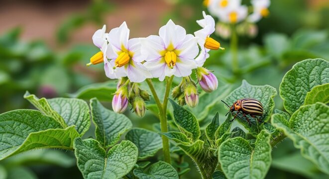 Colorado potato beetle on blooming potato plant in garden.