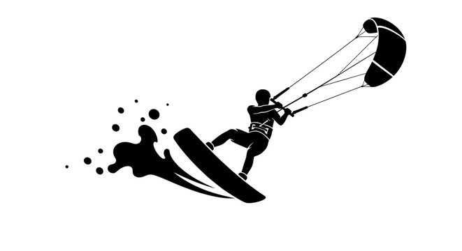 Kitesurfer riding a wave with a kite dynamic black silhouette kiteboarding kitesurfing rider athlete sports water ocean