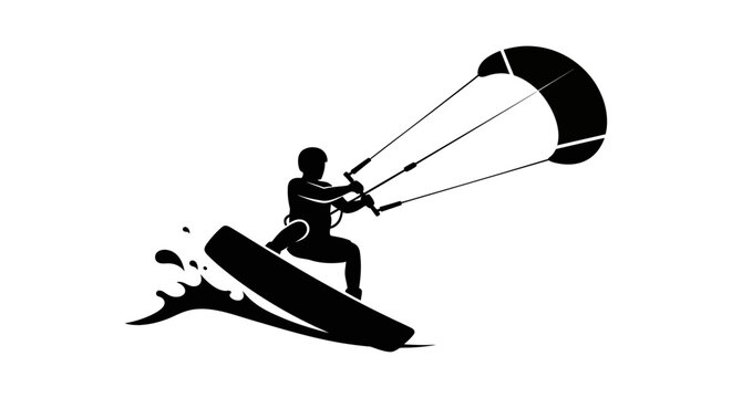 Kitesurfer riding a wave with a kite depicted as a black silhouette kitesurfing rider windsurfing watersports kiteboarding