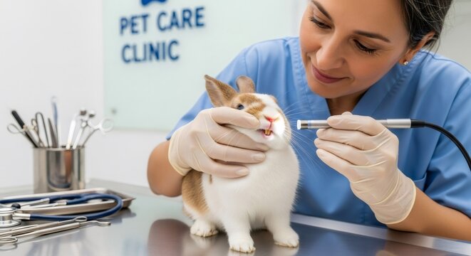 Veterinarian woman examining rabbit teeth in clinic. Professional veterinary doctor inspecting pet in office. Healthcare treatment of sick animal with medical instrument at hospital.