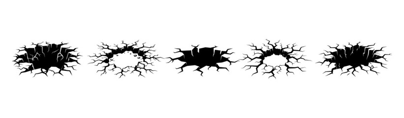 Damaged Surface Hole Black Vector Illustration Set on PNG Background, damaged surface, hole, cracked ground, concrete hole, sinkhole, broken pavement, structural damage, cracked concrete,  © TalalAhmad