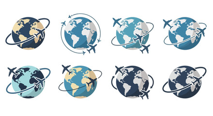 Globe with airplane and circular path silhouette a collection of travel themed vector illustrations world earth travel tourism © Itz