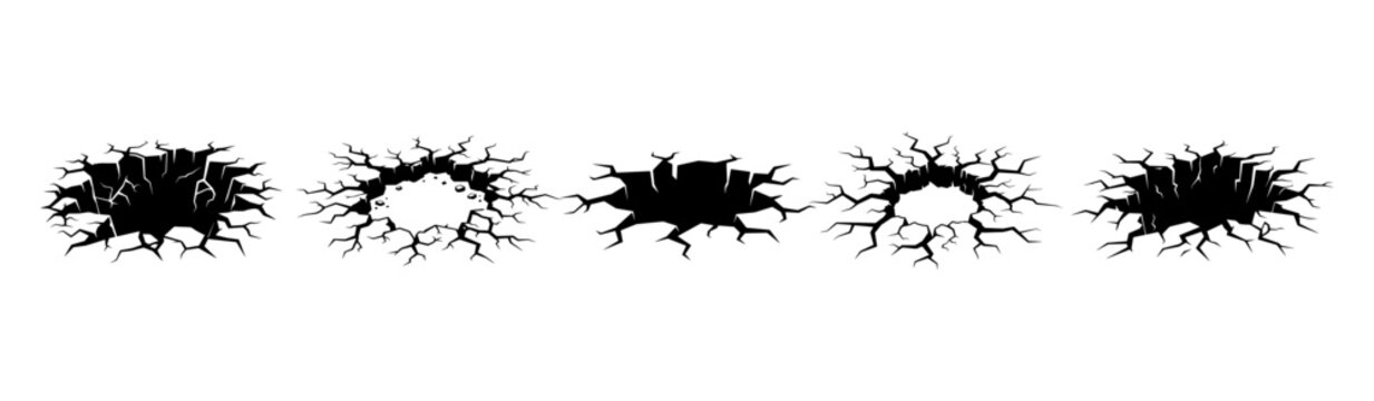 Damaged Surface Hole Black Vector Illustration Set on PNG Background, damaged surface, hole, cracked ground, concrete hole, sinkhole, broken pavement, structural damage, cracked concrete, 