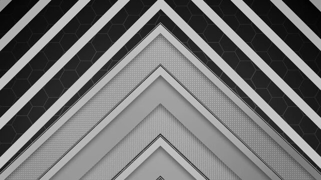 Abstract monochrome geometric chevron pattern with layered triangular shapes background animation