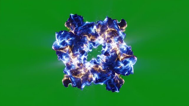 Blue Energy Cloud Morphing Abstract Animation Green Screen - A dynamic, abstract energy cloud with blue and gold colors morphs continuously against a vibrant green screen background.