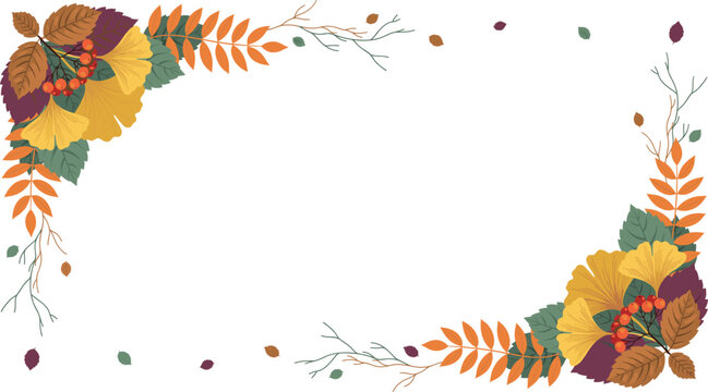 Autumn foliage corner border vector illustration featuring ginkgo leaves rowan berries twigs and colorful fall decorative botanical elements