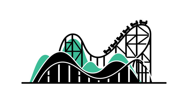 Roller coaster illustration with teal and black elements presented as a graphic silhouette rollercoaster amusement ride funfair
