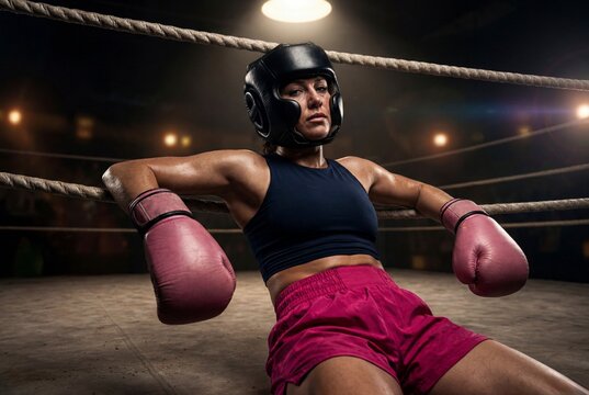 Female boxer resting in ring corner after training