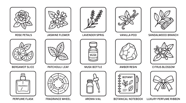 Minimalist perfume ingredients line icons, set of 15 botanical fragrance elements, luxury scent notes and aromatherapy vector symbols for packaging