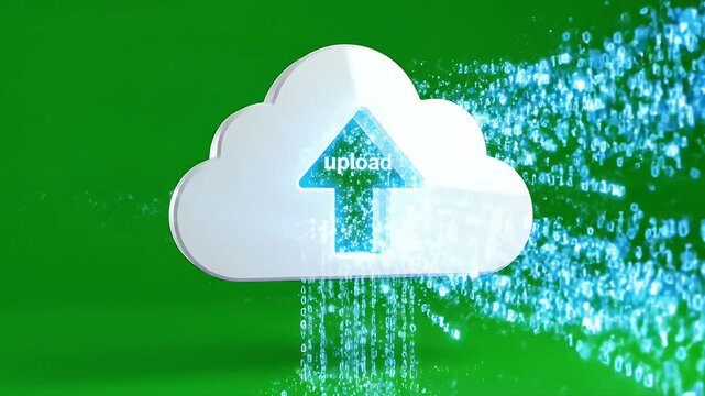 Cloud Upload Data Streams on Green Screen - A white cloud icon with a blue upload arrow in the center floats against a green screen background, with streams of blue binary data rising from it and