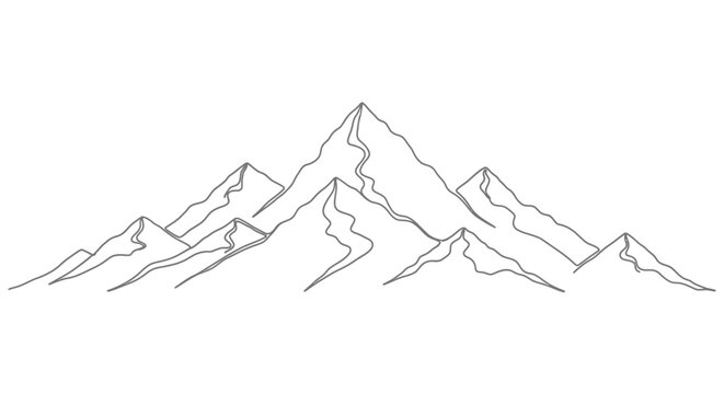 A minimalist mountain range depiction in a black and white line drawing silhouette mountains peak peaks alpine