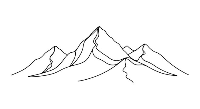 Minimalist mountain range depiction in a continuous line drawing a stark black silhouette mountains peak peaks alpine