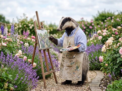Artist badger painting en plein air in a lavender garden