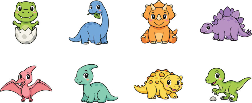 Cute baby dinosaurs cartoon mascot sticker set featuring hatching egg brachiosaurus triceratops stegosaurus pterodactyl parasaurolophus ankylosaurus and raptor vector