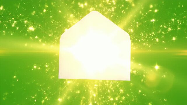White Envelope Opening with Light Burst on Green Screen - An open white envelope floats against a vibrant green screen background filled with shimmering light bursts and sparkling particles.