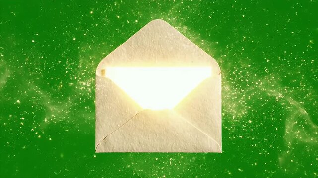 Glowing Envelope Opening with Light Burst Effect - An open envelope is dramatically revealed with a bright light burst and sparkling particles against a vibrant green background.