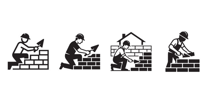 Bricklayer worker construction icons set with bricklayer