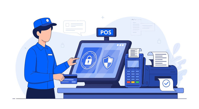 Cashier using credit card at secure POS terminal with payment machine and printer
